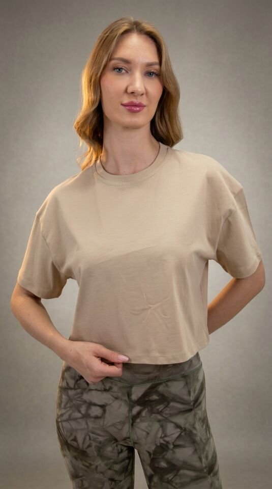 Oversize Kadın Crop Taş Rengi T - Shirt  I Heyy's Activewear