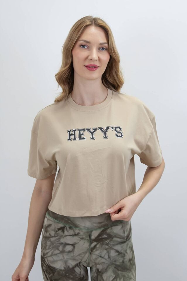 Oversize Kadın Crop Taş Rengi T - Shirt  I Heyy's Activewear