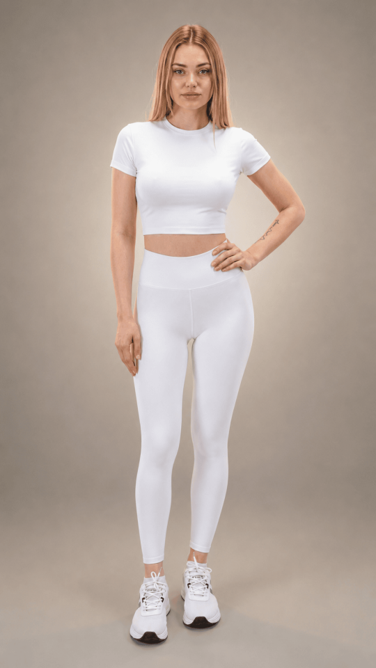 Beyaz Polyamid Crop T-Shirt Ve Beyaz Tayt Kadın Spor Takımı