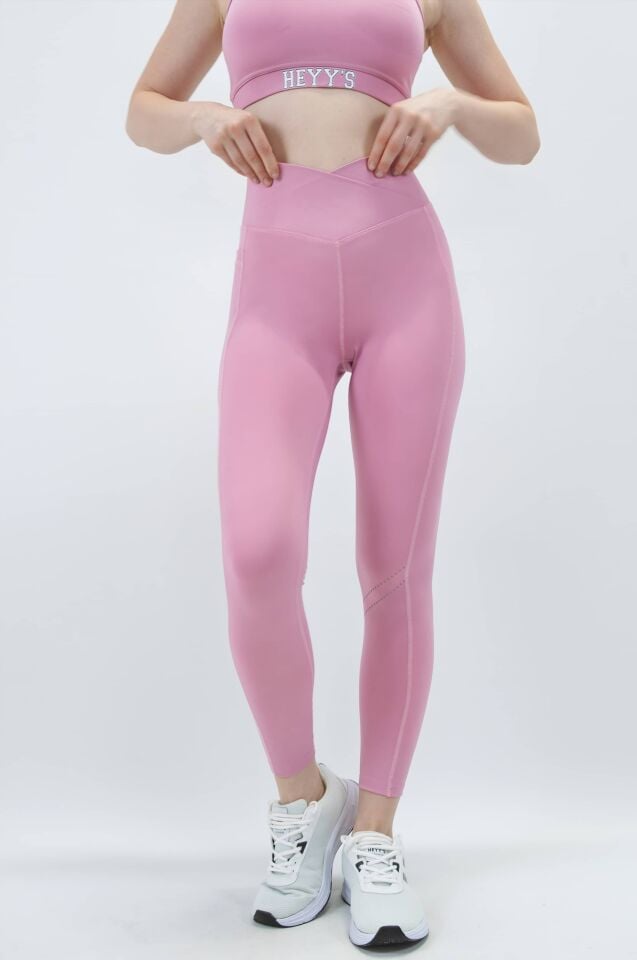 Çapraz Kemer Yan Cep Detaylı Pembe Tayt (Lok Dikiş Detaylı) I Heyy's Activewear