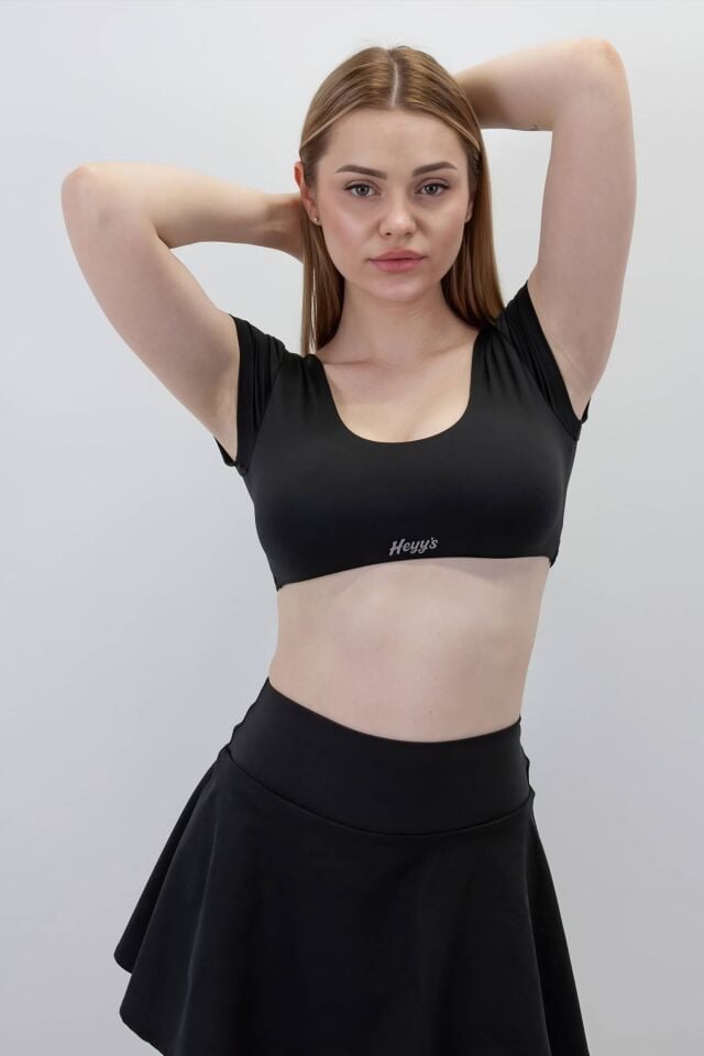 Siyah Kısa Kol Bra (Göğüs Detaylı, Göğüs Pedli) I Heyy's Activewear