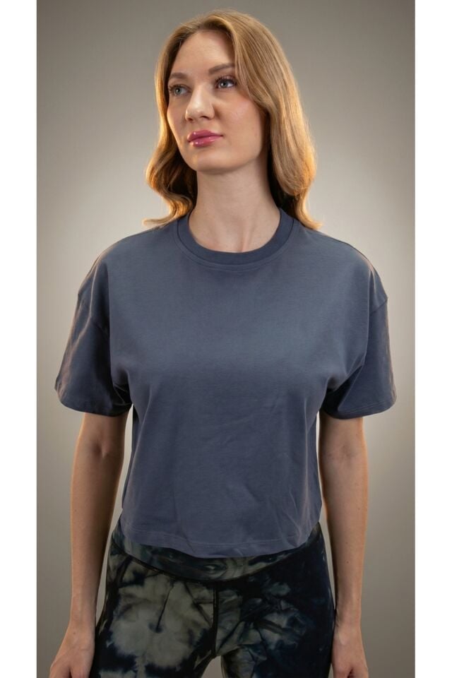 Oversize Kadın Crop Antrasit Renk T-Shirt