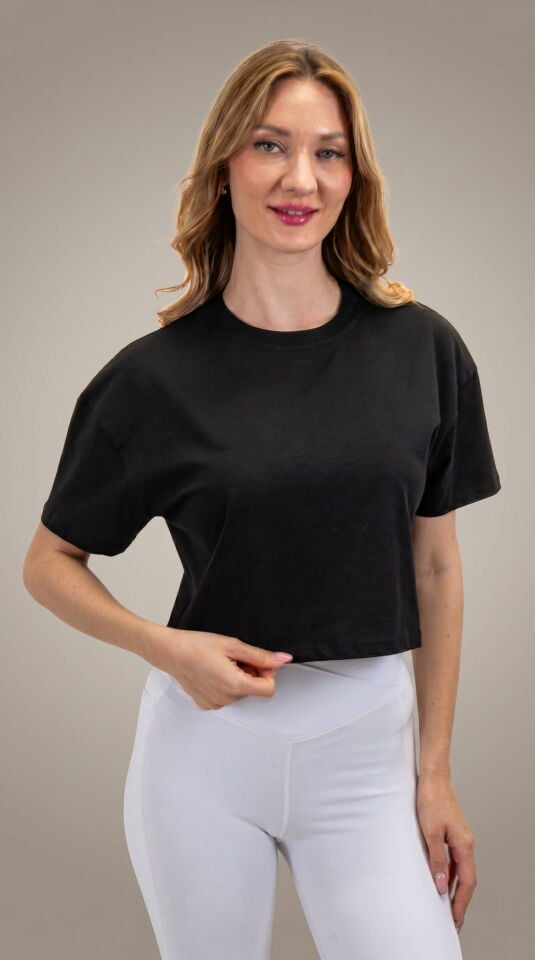 Oversize Kadın Siyah Crop T - Shirt